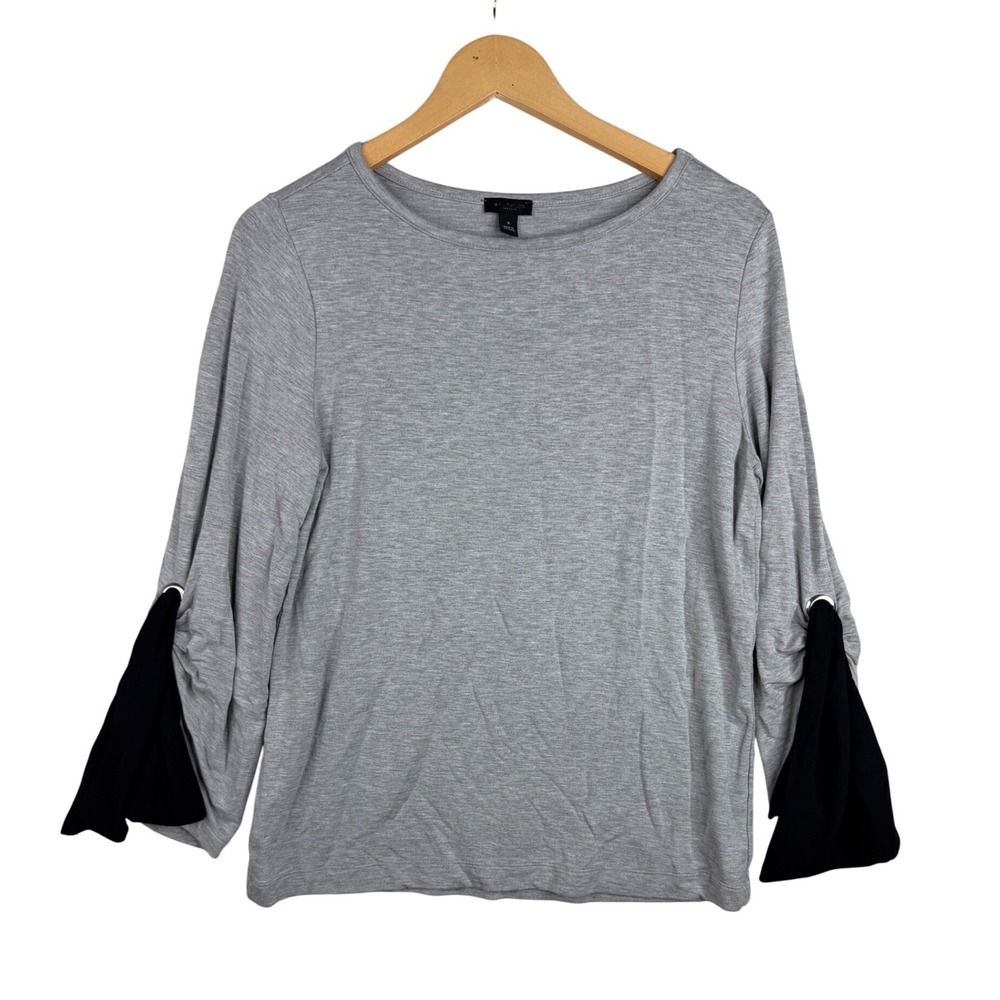 Ann Taylor Jersey Bow Tie Long Sleeve Shirt size Medium Gray/Black